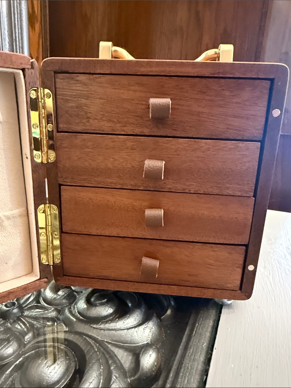 Walnut Jewelry Organizer Box Wooden Floral Box with Gold Handle 4 Tiered Womens - Picture 7 of 16